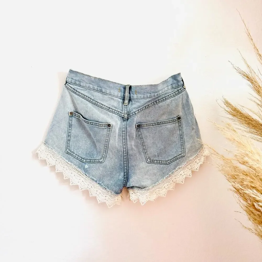 FP FREE PEOPLE Light Blue White Lace Trim Cutoff Distressed Mini Jean Shorts 26